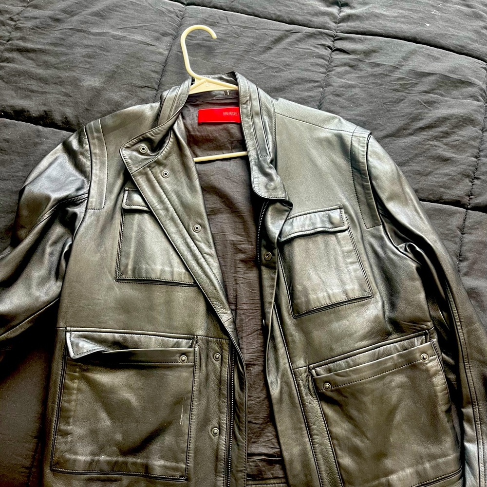 Black Hugo boss leather jacket